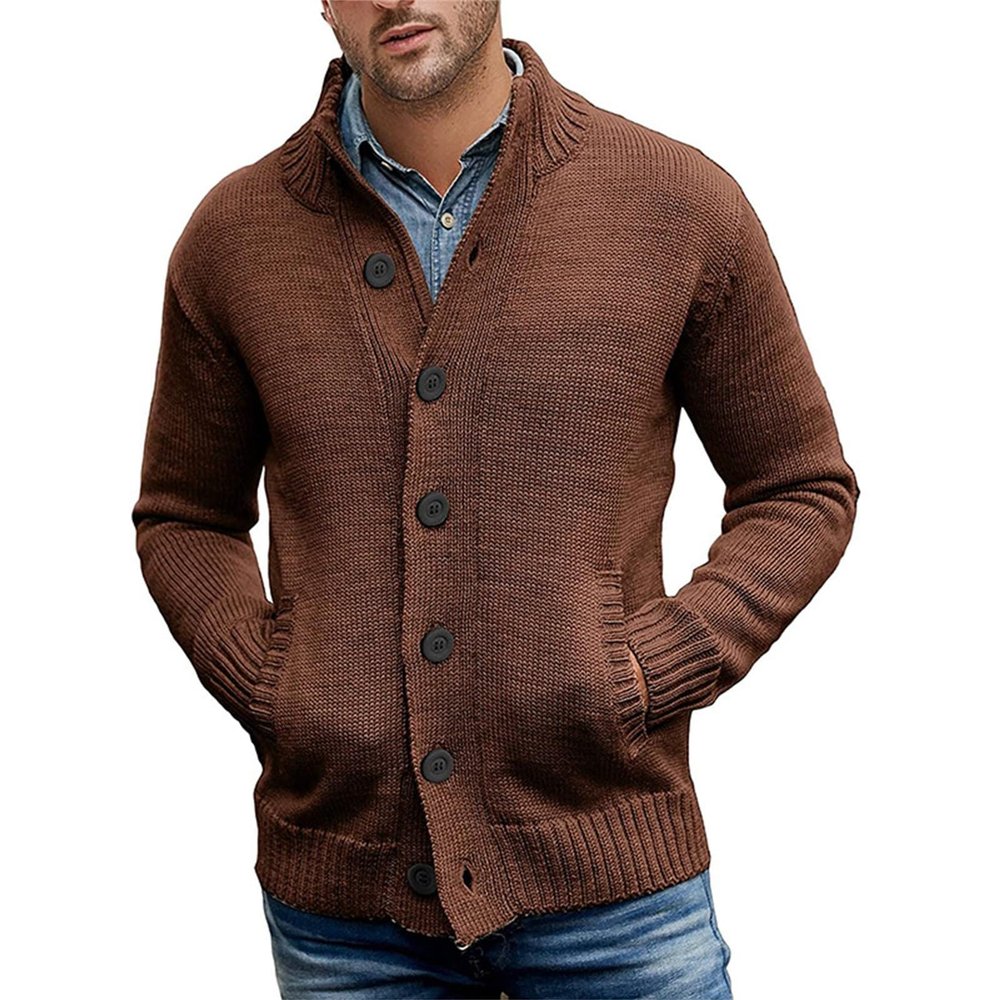 xoxingysm Men's Quarter Zip Up Sweaters Shawl Collar Buttons Down Cable Knit Button Down Knitwear with Pockets(Brown,X-Large)