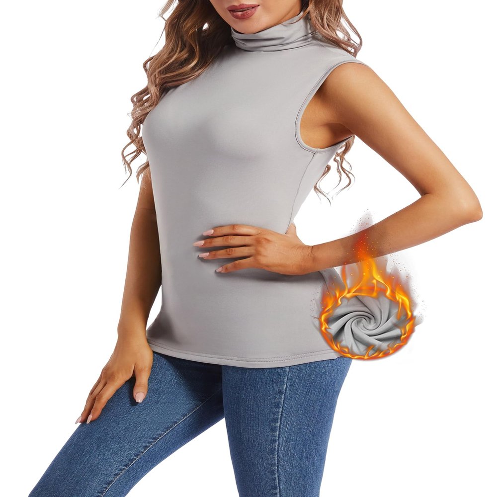 MANCYFIT Thermal Tank Top for Women Cold Weather Sleeveless Thermal Underwear Fleece Lined Shirt Turtleneck Warm Camisoles Grey Small