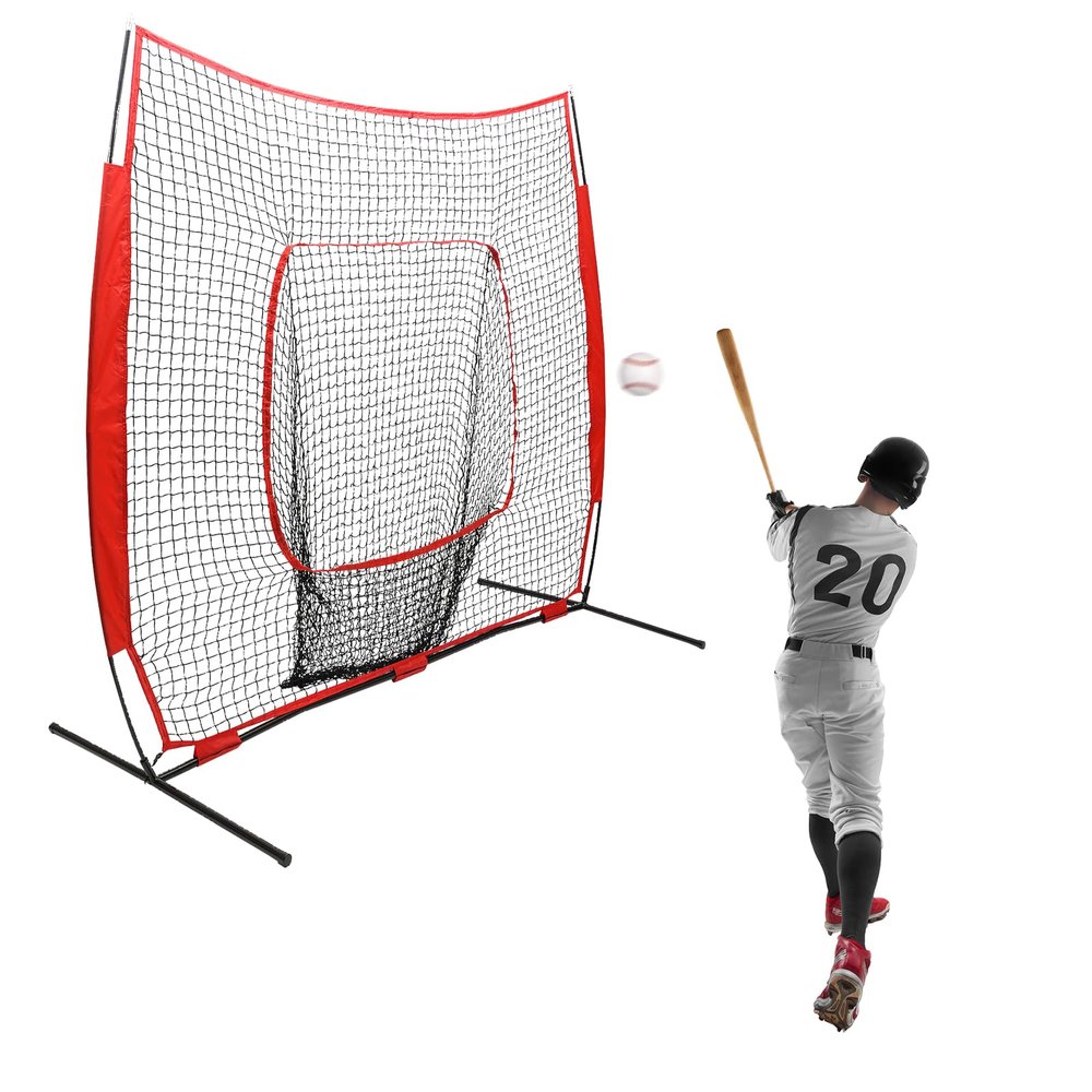 RIAHNEAH 7 * 7ft Baseball Net, Indoor Outdoor Baseball Hitting Net with Carry Bag, Softball Hitting Net Baseball Practice Aids Suitable for Teams Or Individuals to Hit and Pitch The Ball, Red Black