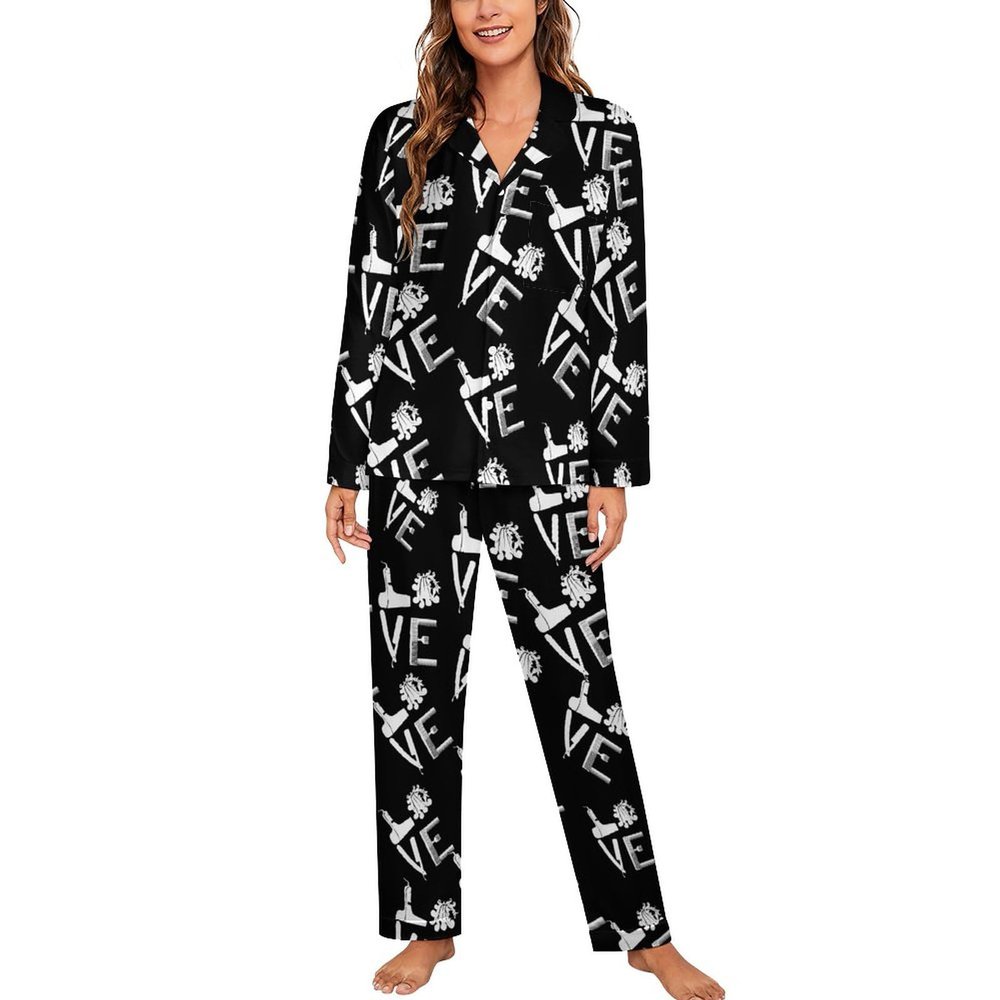 Hairdresser Hairstylist Love Long Sleeve Womens Pajama Sets V-Neck Loungewear Two-Piece Sleepwear with Pockets M