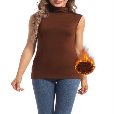 MANCYFIT Thermal Tank Top for Women Cold Weather Sleeveless Thermal Underwear Fleece Lined Shirt Turtleneck Warm Camisoles Brown Large