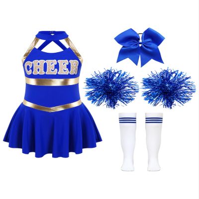Moily Big Girls Basic Cheerleading Team Rooter Uniform Dress Cheer Printed Top Pleated Mini Skirts Halloween Costume A#Blue01 10