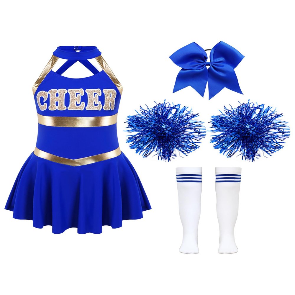 Moily Big Girls Basic Cheerleading Team Rooter Uniform Dress Cheer Printed Top Pleated Mini Skirts Halloween Costume A#Blue01 10