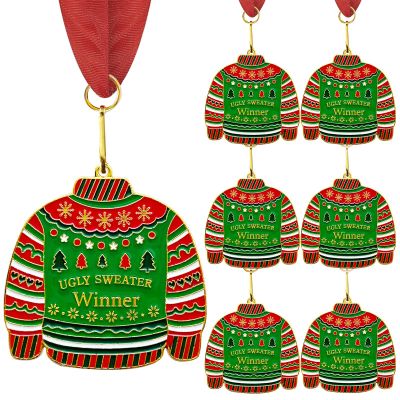 LAIAMER Christmas Medal Award, 6Pcs Ugly Sweater Contest Prizes Necklace Jewelry Trophy for Ugly Sweater Party Decorations
