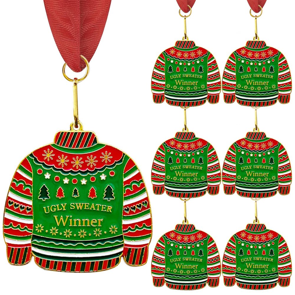 LAIAMER Christmas Medal Award, 6Pcs Ugly Sweater Contest Prizes Necklace Jewelry Trophy for Ugly Sweater Party Decorations