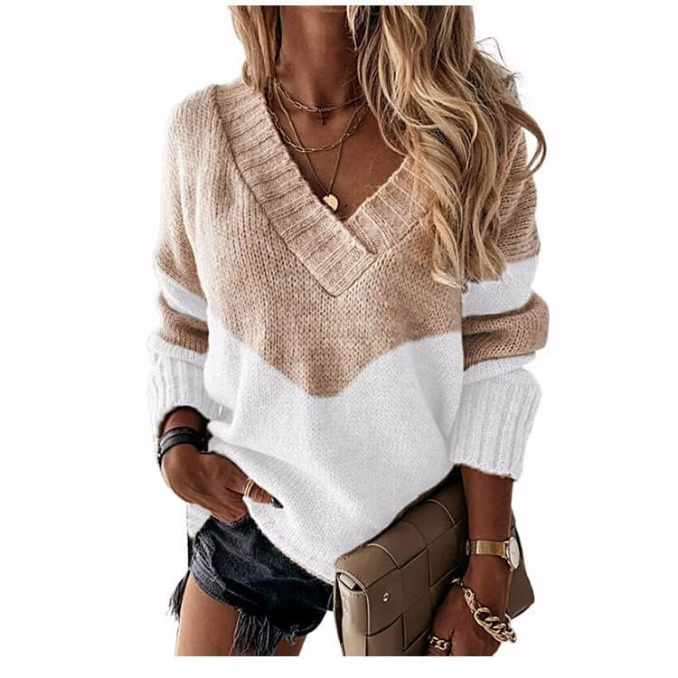 Womens V Neck Sweaters Khaki White Color Block Pullover Oversize Sweater Knit Long Sleeve Jumper Casual Sweater Tops for Women