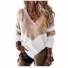 Womens V Neck Sweaters Khaki White Color Block Pullover Oversize Sweater Knit Long Sleeve Jumper Casual Sweater Tops for Women view 1