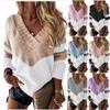 Womens V Neck Sweaters Khaki White Color Block Pullover Oversize Sweater Knit Long Sleeve Jumper Casual Sweater Tops for Women view 2