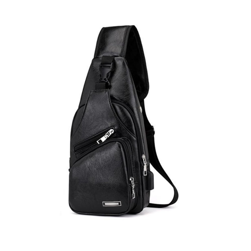 CALLARON 1pc Pu Leather Chest Pack Charging Port Lightweight Crossbody Sports Bag for Men Boys and Students for Outdoor Activities Hiking and Traveling