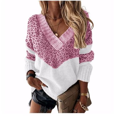 Womens V Neck Sweater Oversize Leopard Print Sweaters Knit Long Sleeve Jumper Sweater Color Block Purple Pullover for Women