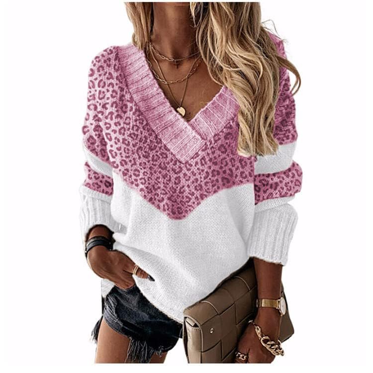 Womens V Neck Sweater Oversize Leopard Print Sweaters Knit Long Sleeve Jumper Sweater Color Block Purple Pullover for Women