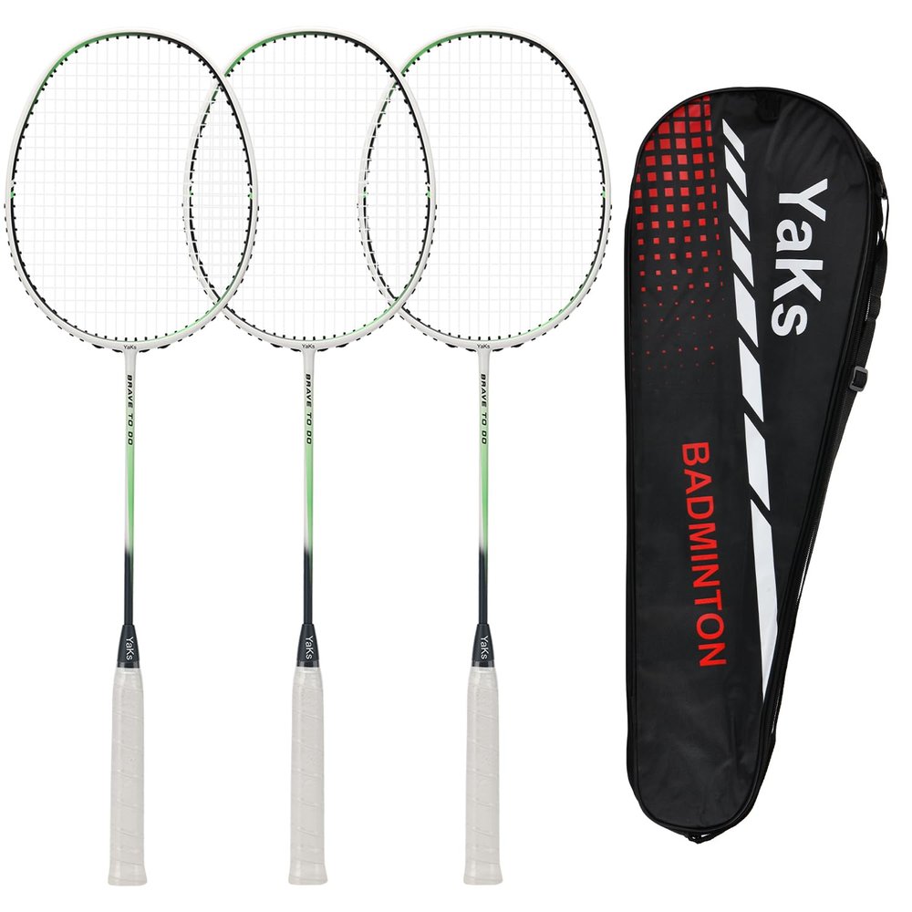 YAKS 4U 3pcs Full Carbon Professional Ultra Light High Elastic Adult Student Training Badminton Racket Set Durable Type White-Green