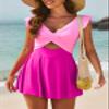 Aleumdr Women Cutout One Piece Skirt Swimsuit V Neck Wrap Swimdress Tummy Control Bathing Suit Pink Color Block Medium view 4