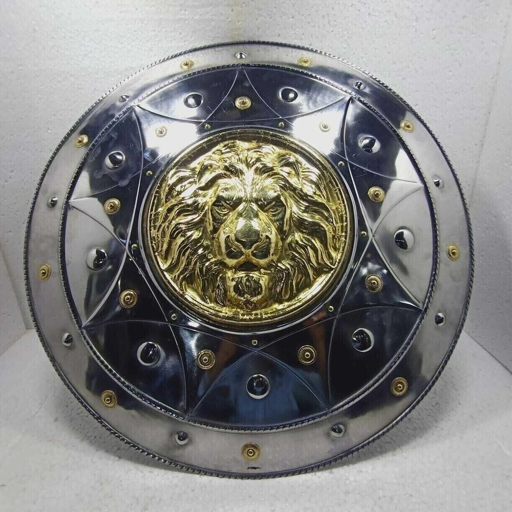 ALFA NAUTICAL Medieval Armor Lion Face Round Shield Iron Greek Larp Knight Armor Steel Silver Shield