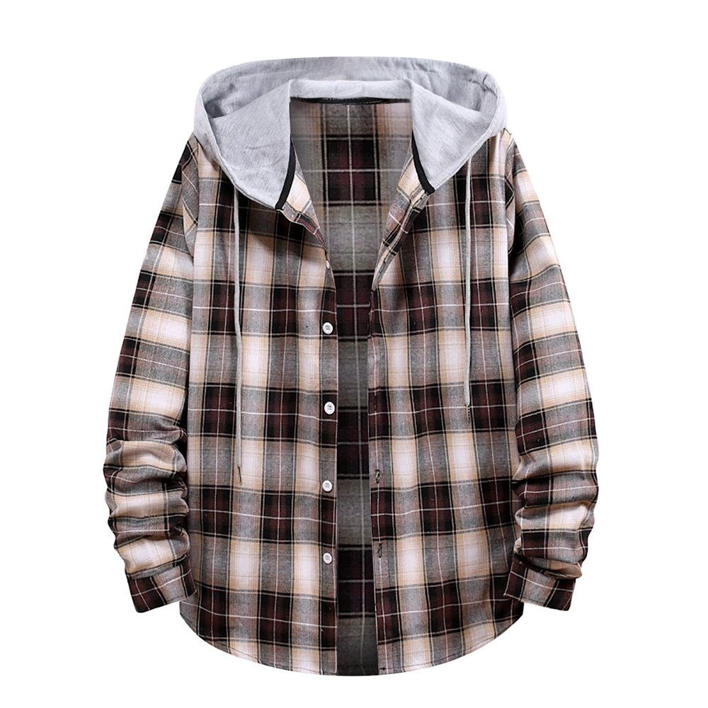 Hoodies for Men Fashion Long Sleeve Plaid Button Shirts Jacket with Hood Casual Stylish Drawstring Sweatshirts Coat Trendy Hoodie Coffee S