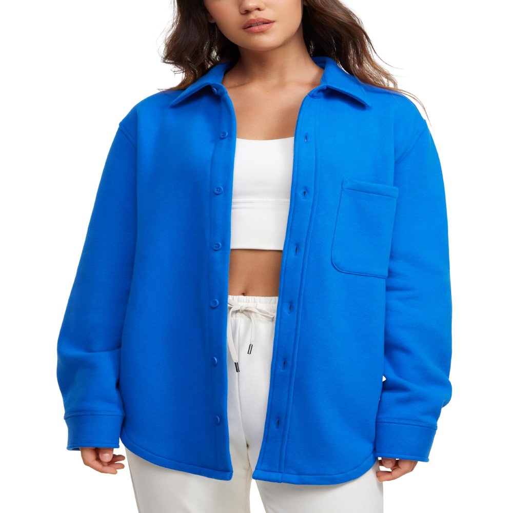 CRZ YOGA Womens Fleece Shacket Jackets Fall Warm Casual Long Sleeve Button Down Shirts with Pocket Sparkle Blue X-Large