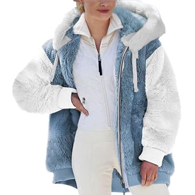 SMIDOW Oversized Fuzzy Fleece Jackets For Women Fashion 2025 Color Block Faux Fur Cardigan Coat Shaggy Warm Winter Outerwear womens coats and jackets Blue 3X