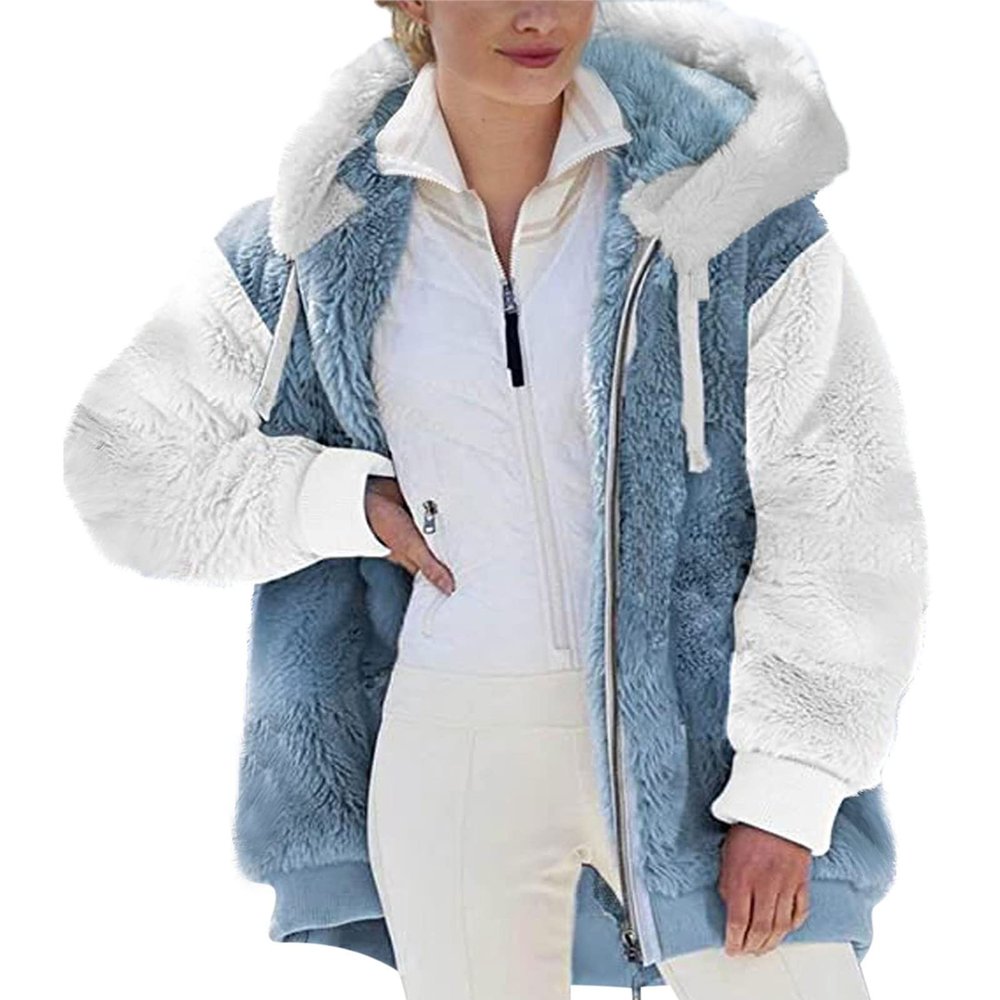 SMIDOW Oversized Fuzzy Fleece Jackets For Women Fashion 2025 Color Block Faux Fur Cardigan Coat Shaggy Warm Winter Outerwear womens coats and jackets Blue 3X