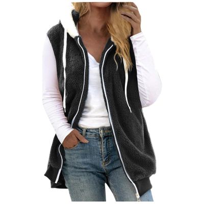 Fuzzy Fleece Vest For Women Zip Up Fall Fashion Hooded Sleeveless Sherpa Jacket With Pockets Lightweight Vest womens winter coat Black M
