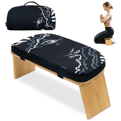 Zaveur Bamboo Meditation Bench with Cushion - Foldable Bench for Multiple Seating Angles - Kneeling Chair Meditation Stool - Yoga Chair Prayer Bench for Deeper and Longer Meditation - Black