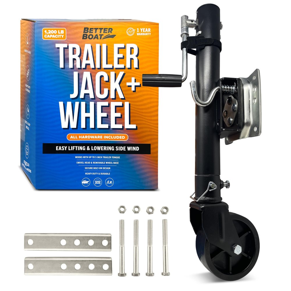 Boat Trailer Jack with Wheel (1200 lb) - Folding Tongue Jack Marine Grade, Bolt On Swivel Heavy Duty for Utility & RV Trailers - Better Boat