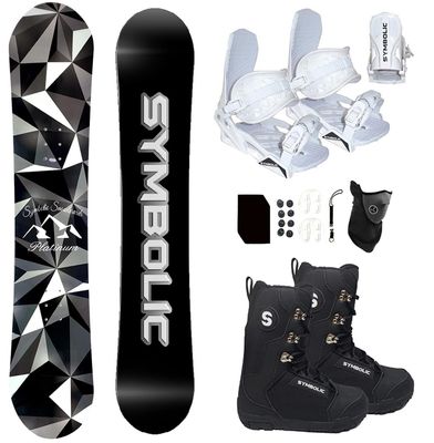 Symbolic Platinum Snowboard , Bindings, and Boots Package Discs, Screws,Leash, Stomp, Mask Men Women Kids Regular-Wide (160cm Wide, Men 11 Boot & White Binding)