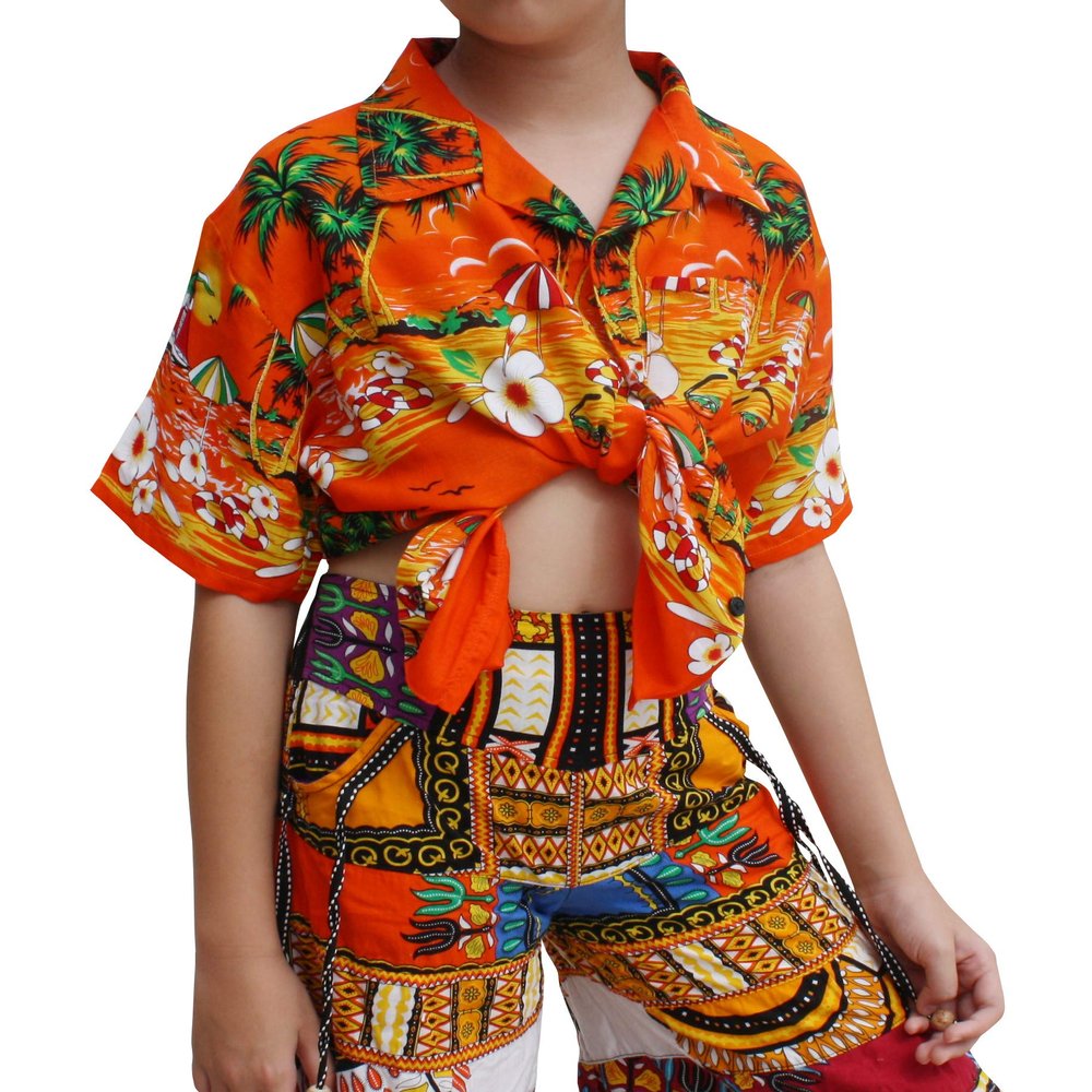 Full Funk Childrens Hawaiian Shirt in Summer Printed Rayon Seaside Beach Fun, 6 Years-8 Years, CoconutTree&Glasses in Orange