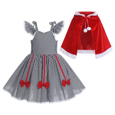 IDOPIP Toddler Kids Baby Girls Christmas Dresses Sleeveless Black White Plaid Dress with Red Hooded Cloak Velvet Cape Little Red Riding Hood Santa Claus dress Black Plaid - Kids 4-5 Years