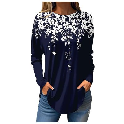 Womens Long Sleeve Tops Tunic Sweatshirt Flowy Hem Crew Neck T Shirts Print Graphic Long Sleeve Tunic Sweatshirts for Women Pullover Fall Blouse1-Navy,X-Large
