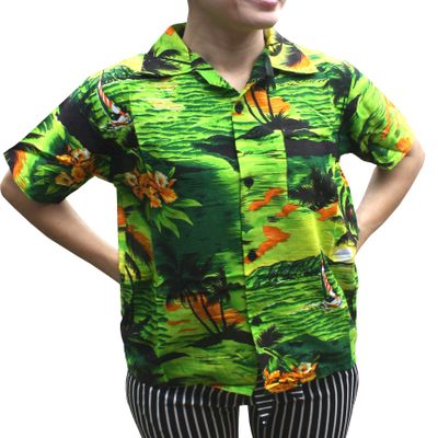 Full Funk Childrens Hawaiian Shirt in Summer Printed Rayon Seaside Beach Fun, 6 Years-8 Years, CoconutTree&Boat in Green