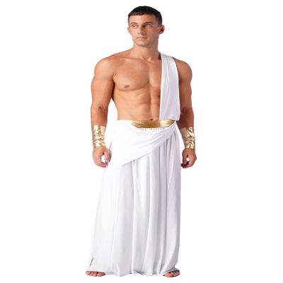 HULIJA Men's Greek Roman Toga Costume One Shoulder Strap Suspender Ruffle Long Skirt Halloween Fancy Dress 6703#whitelongskirt Large