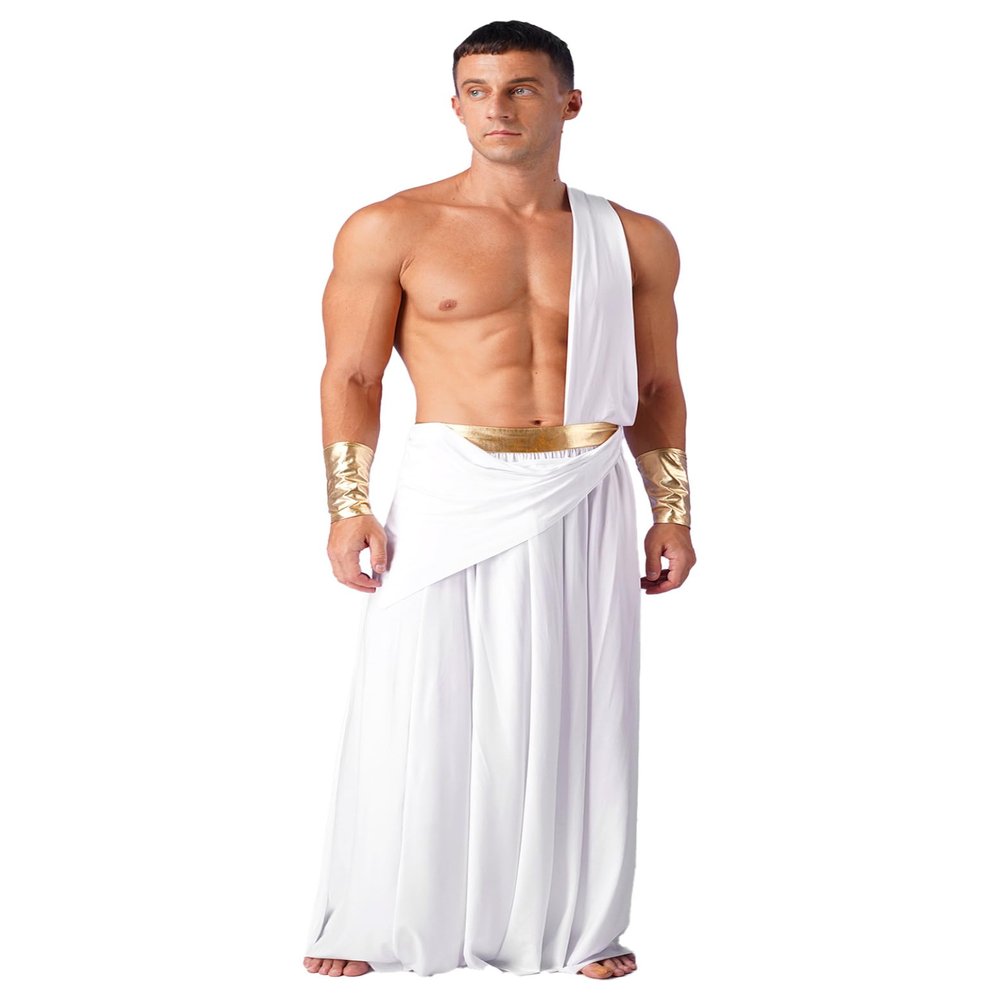 HULIJA Men's Greek Roman Toga Costume One Shoulder Strap Suspender Ruffle Long Skirt Halloween Fancy Dress 6703#whitelongskirt Large