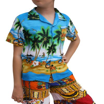 Full Funk Childrens Hawaiian Shirt in Summer Printed Rayon Seaside Beach Fun, 8 Years-10 Years, Seagull&Glasses in Sky Blue