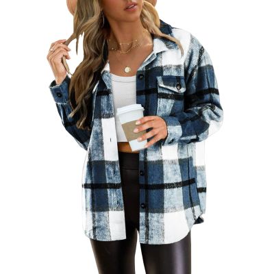 Women's Lounge Lapel Button Up Long Sleeve Plaid Long Shirt Jacket Shacket Dark Blue
