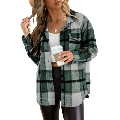 Women's Lounge Lapel Button Up Long Sleeve Plaid Long Shirt Jacket Shacket Dark Green