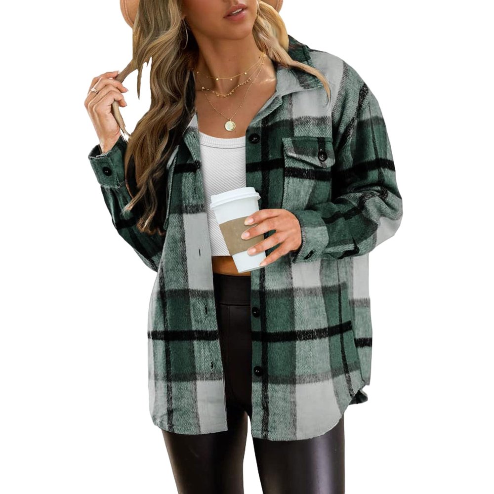 Women's Lounge Lapel Button Up Long Sleeve Plaid Long Shirt Jacket Shacket Dark Green