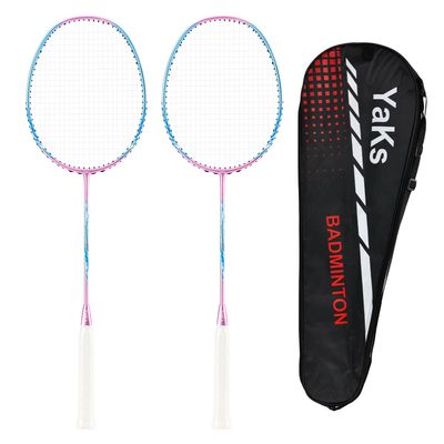 YAKS 2PCS 4U4G Full Carbon Professional Ultra Light High Elastic Adult Student Training Badminton Racket Set Durable Type -Pink&Blue