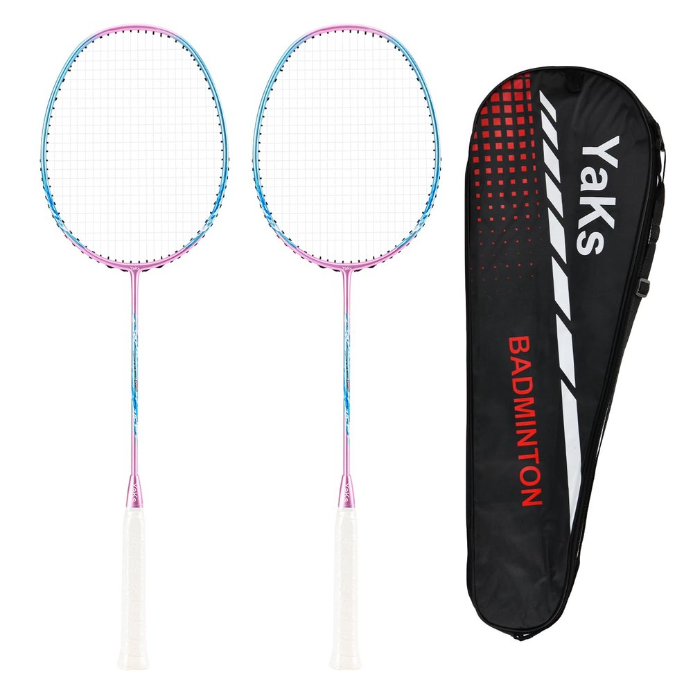 YAKS 2PCS 4U4G Full Carbon Professional Ultra Light High Elastic Adult Student Training Badminton Racket Set Durable Type -Pink&Blue