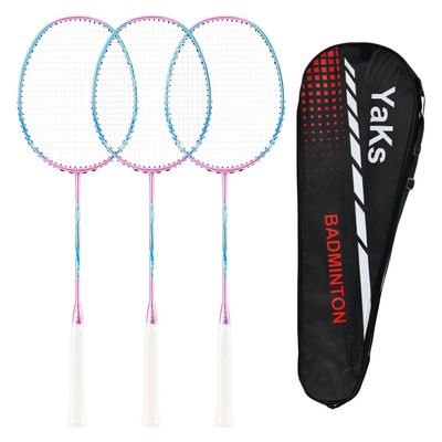 YAKS 3PCS 4U4G Full Carbon Professional Ultra Light High Elastic Adult Student Training Badminton Racket Set Durable Type -Pink&Blue