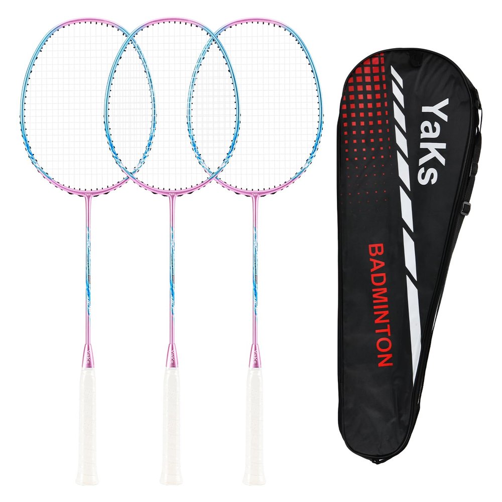 YAKS 3PCS 4U4G Full Carbon Professional Ultra Light High Elastic Adult Student Training Badminton Racket Set Durable Type -Pink&Blue