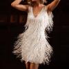Ctreela Sequin Tassel Party Mini Dress Women's Sexy Shiny Fringe Dance Dress Club Evening Latin Salsa Ballroom Dancing Dress White view 2