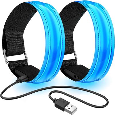 Calonia 2 x Rechargeable LED Light Armbands, Reflective Running, Adjustable Flashing Safety Bracelet for Children or Adults (Blue)