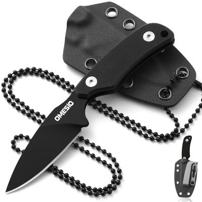 Omesio Neck Knife, 5.82" Neck Knife with Sheath and Necklace, D2 Steel 2.99-Inch Blade, Full Tang Knife with Clip G10 Handle, Fixed Blade Knife for EDC, Hiking, Camping (Black Blade + Black Handle)