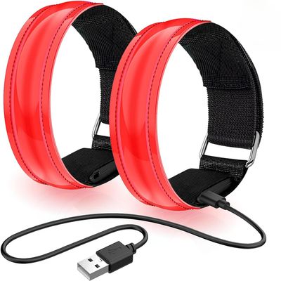 Calonia 2 x Rechargeable LED Light Armband, LED Running Armband, Adjustable Flashing LED Safety Bracelet for Children or Adults (Red)