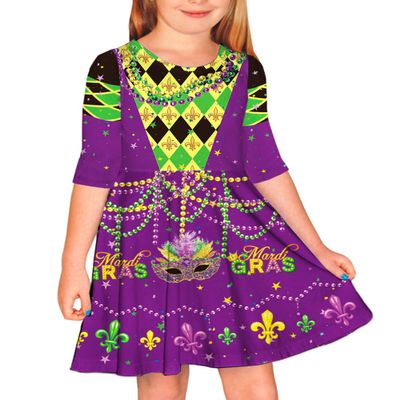 Girl's Mardi Gras Purple Dresses Half Sleeve New Orleans Party Vest Printed Dress Funny Fleur De Lis Dresses 9-10 Years