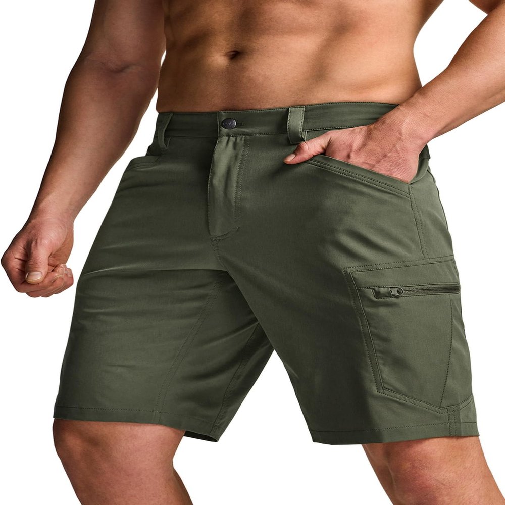 CQR Men's Quick Dry Stretch Hiking Cargo Shorts, Lightweight Water Resistant Tactical Casual, Golf & Outdoor with Pockets, Rocky Fuscous Green, 34W x 12L
