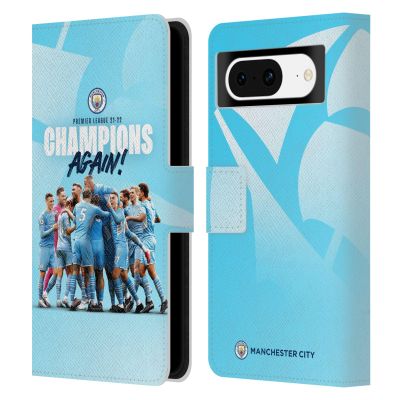 Head Case Designs Officially Licensed Manchester City Man City FC Team Huddle Poster 2021/22 Premier League Champions Leather Wallet Case Compatible with Google Pixel 8