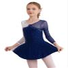 YOOJOO Kids Girl Figure Skating Dress Shiny Rhinestone Ice Skating Skirt Long Sleeve Mesh Ballet Dance Dress Navy 10 Years view 1