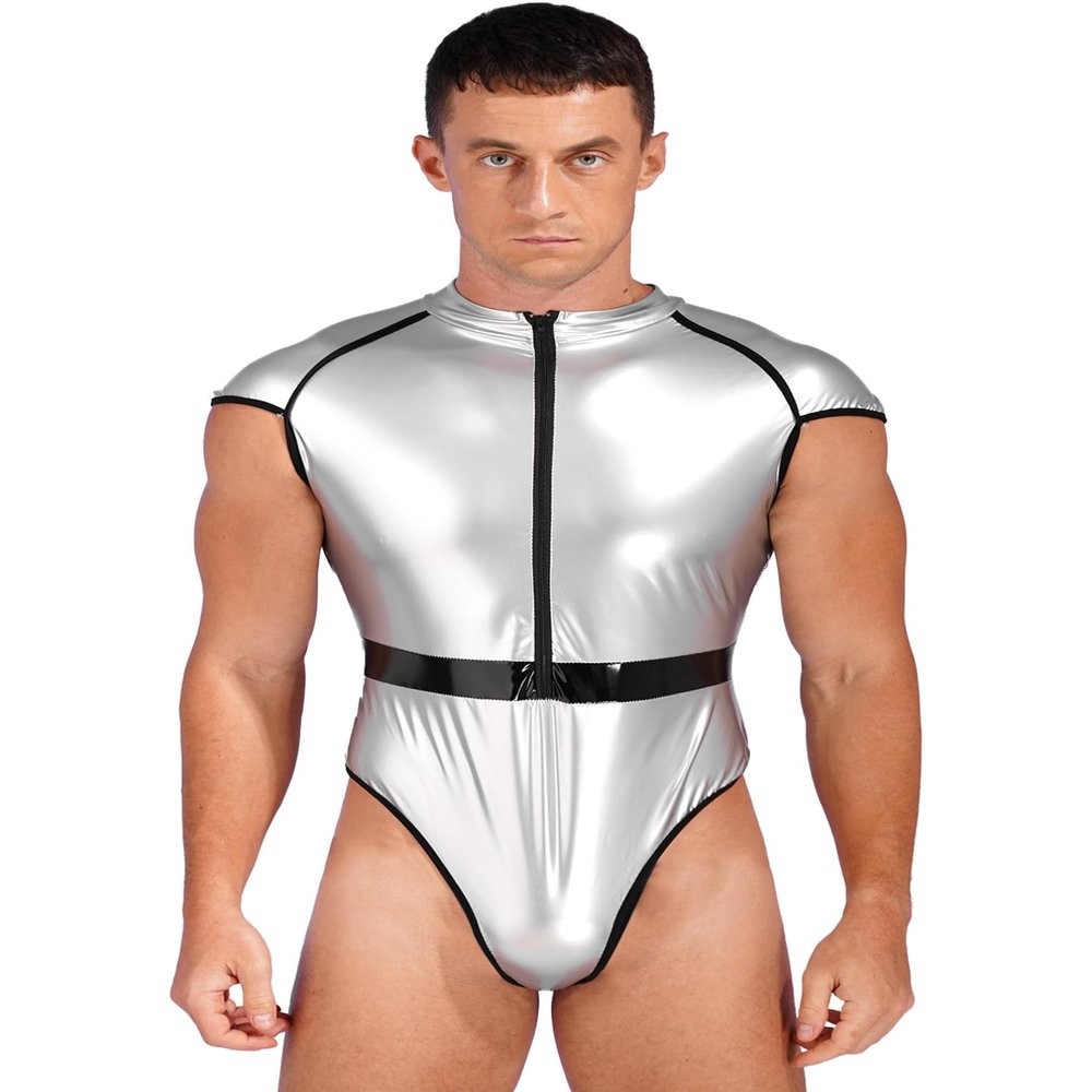 Manyakai Men Adult Alien Costume Spaceman Suit Halloween Jumpsuit Astronaut Cosplay One-piece Catsuit Silver X-Large