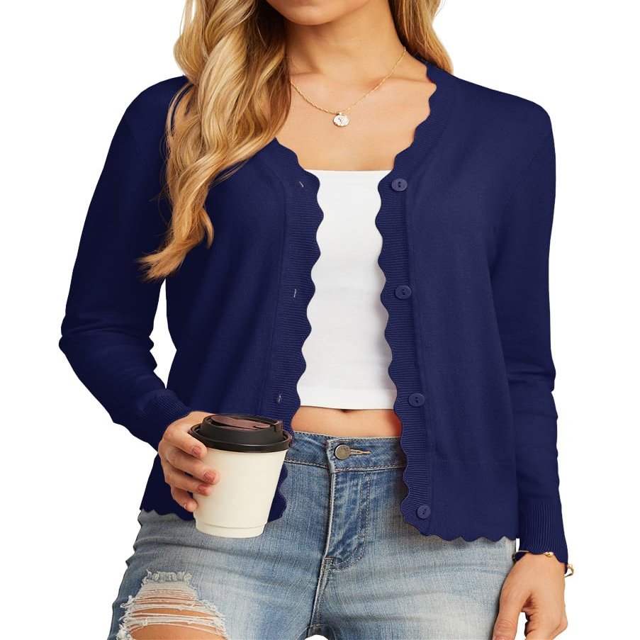 GRECERELLE Women's Long Sleeve Lightweight Cardigan Fall Knit Shrug Sweater(Navy Blue, Large)